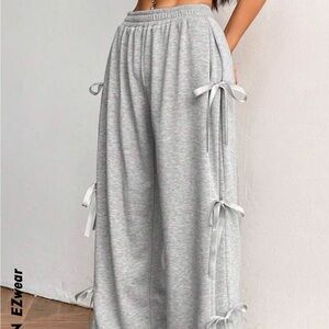 Gray Wide-Leg Pants with Side Ties